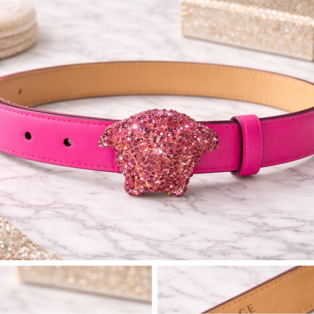 Versace Crystal Medusa Pink Leather Belt — Rare Glam Statement Piece
